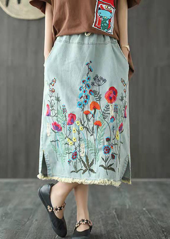 Dark Blue Embroidered Tassel Denim Skirt