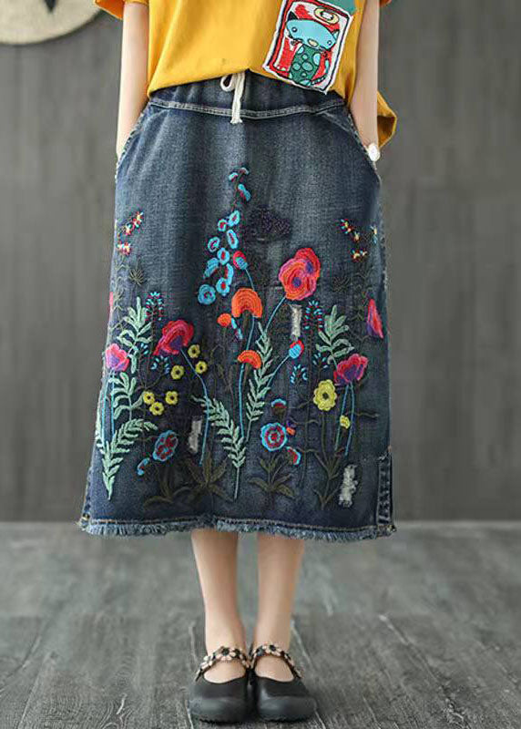 Dark Blue Embroidered Tassel Denim Skirt