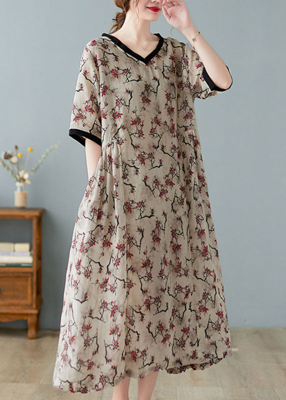 Boutique Khaki Linen Dresses with V-Neck and Short Sleeves