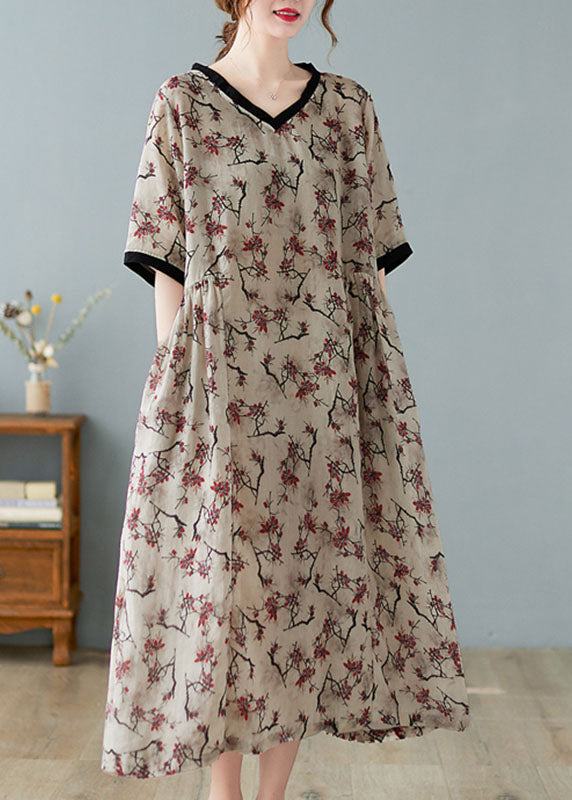 Boutique Khaki Linen Dresses with V-Neck and Short Sleeves