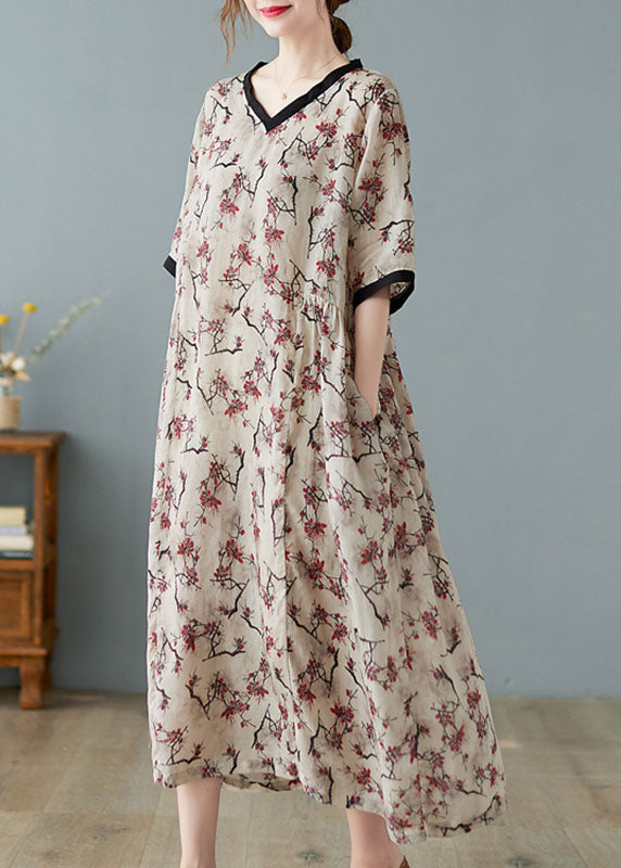 Boutique Khaki Linen Dresses with V-Neck and Short Sleeves
