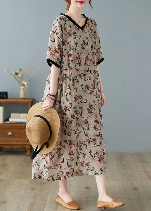 Boutique Khaki Linen Dresses with V-Neck and Short Sleeves