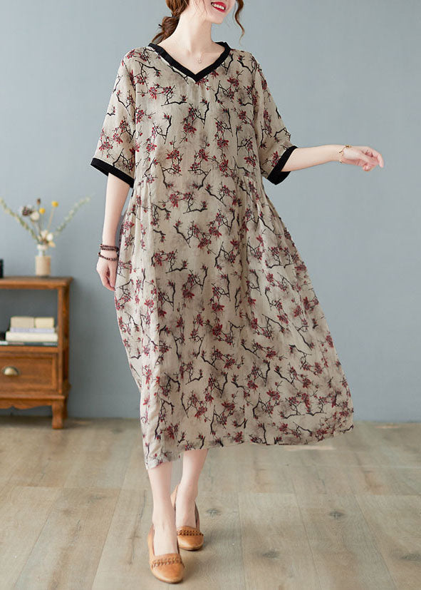 Boutique Khaki Linen Dresses with V-Neck and Short Sleeves