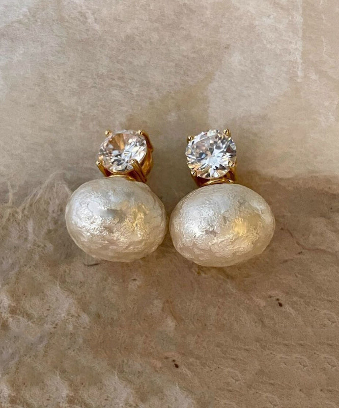 Gold Zircon Cotton Pearl Stud Earrings