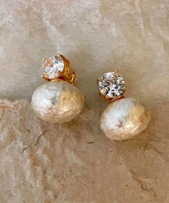 Gold Zircon Cotton Pearl Stud Earrings