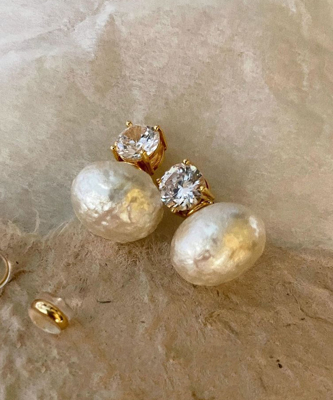 Gold Zircon Cotton Pearl Stud Earrings