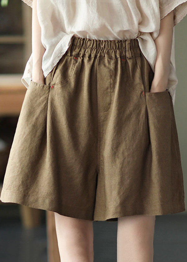 Brown Pocket Linen Shorts with Wide Leg Elastic Waist Summer