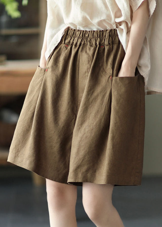 Brown Pocket Linen Shorts with Wide Leg Elastic Waist Summer