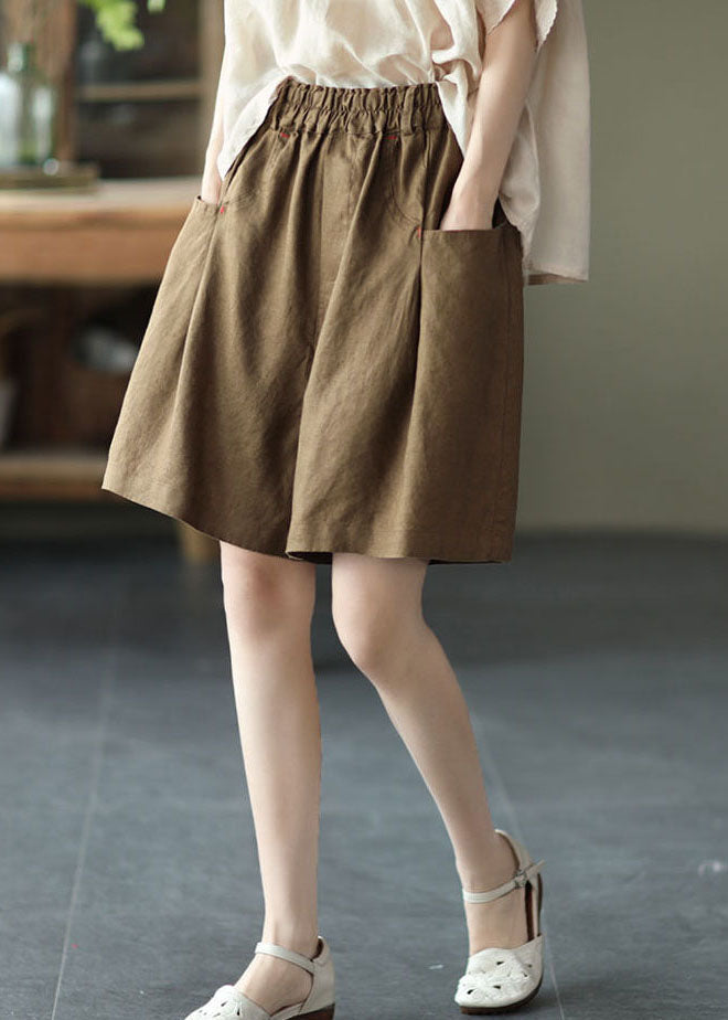 Brown Pocket Linen Shorts with Wide Leg Elastic Waist Summer