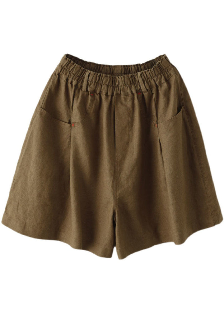 Brown Pocket Linen Shorts with Wide Leg Elastic Waist Summer