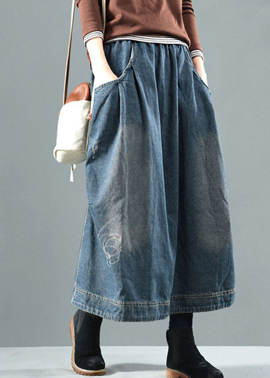 Blue Elastic Waist Patchwork Denim Skirt