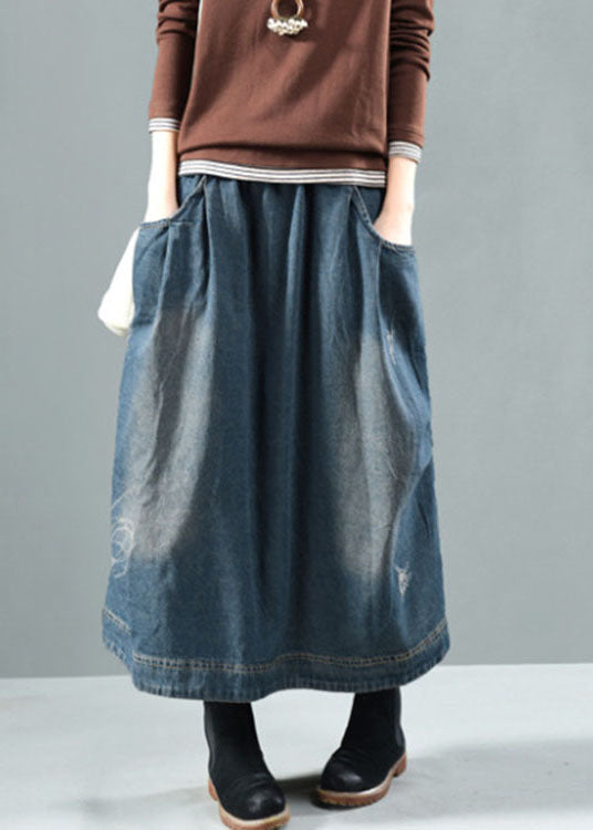 Blue Elastic Waist Patchwork Denim Skirt