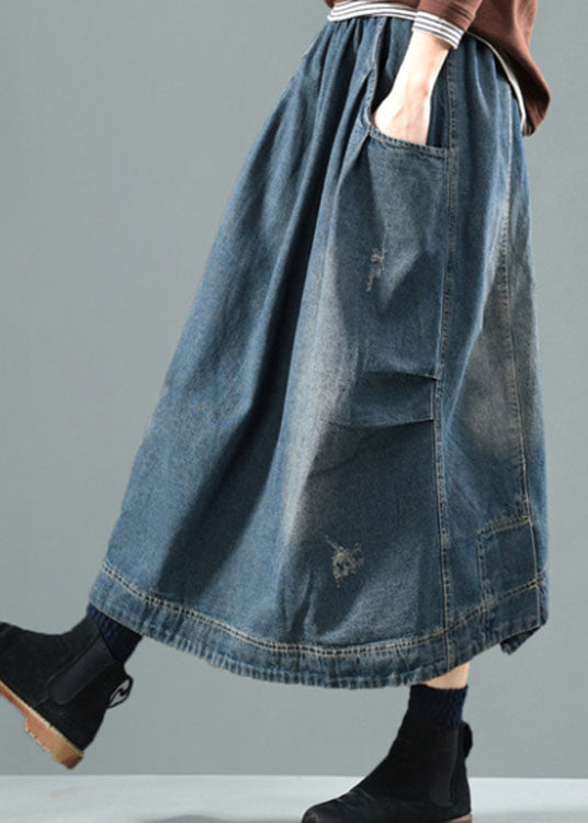 Blue Elastic Waist Patchwork Denim Skirt