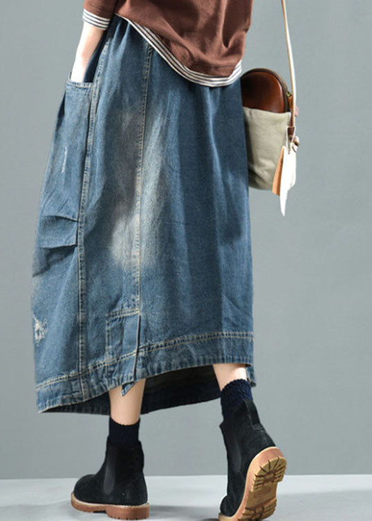 Blue Elastic Waist Patchwork Denim Skirt