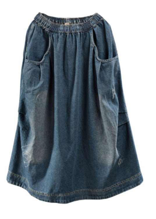 Blue Elastic Waist Patchwork Denim Skirt