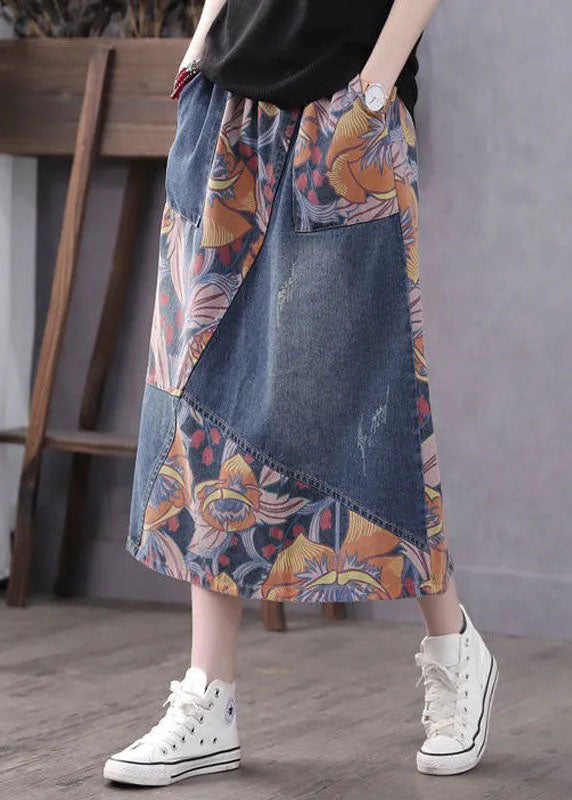 Blue Patchwork Print A-Line Skirt