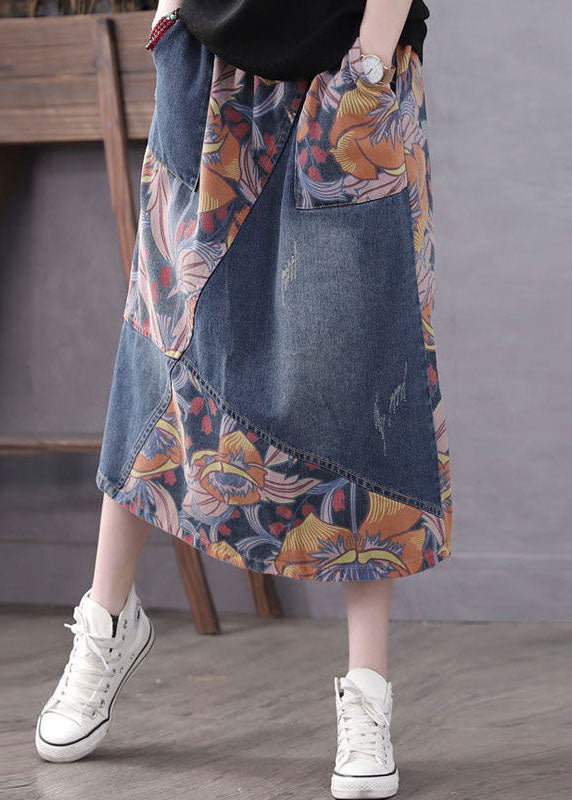 Blue Patchwork Print A-Line Skirt