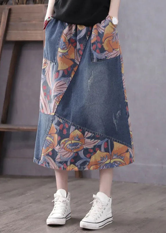 Blue Patchwork Print A-Line Skirt