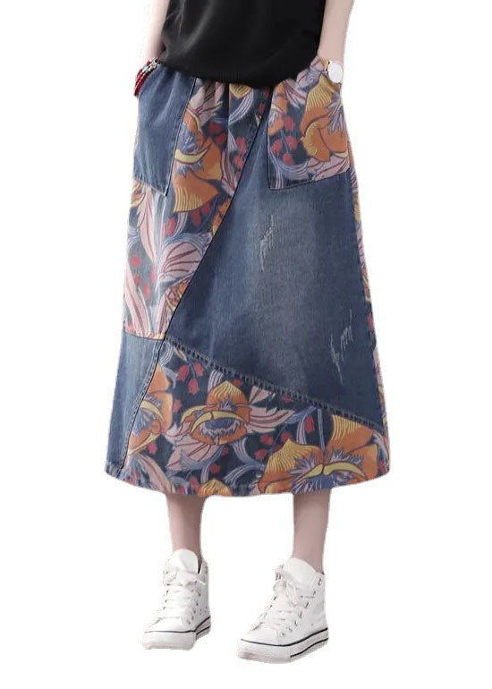 Blue Patchwork Print A-Line Skirt