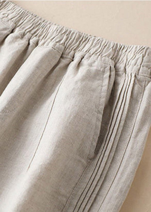 Lässige Leinenfarbe, gekräuselte, elastische Taille, drapierte Leinenhose mit weitem Bein, Sommer