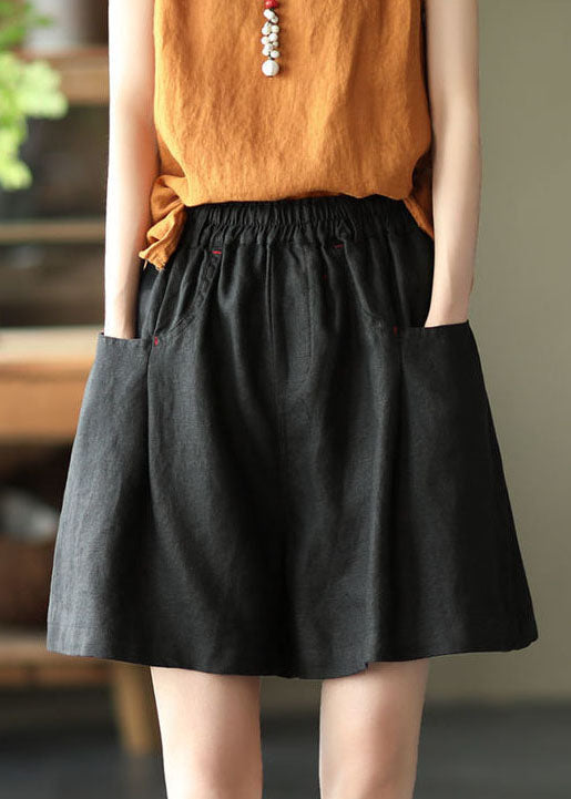 Casual, solid black, elastic waist linen shorts for summer