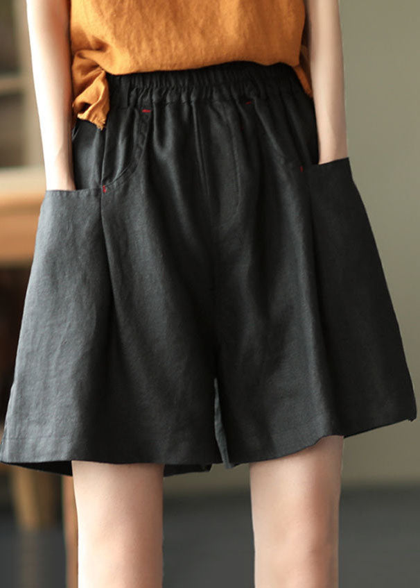 Casual, solid black, elastic waist linen shorts for summer