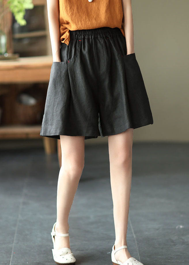 Casual, solid black, elastic waist linen shorts for summer