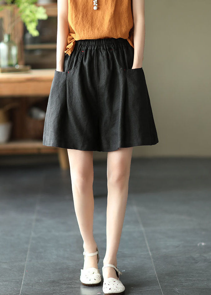 Casual, solid black, elastic waist linen shorts for summer