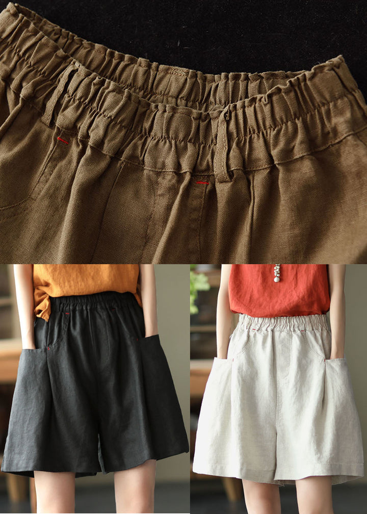 Casual, solid black, elastic waist linen shorts for summer