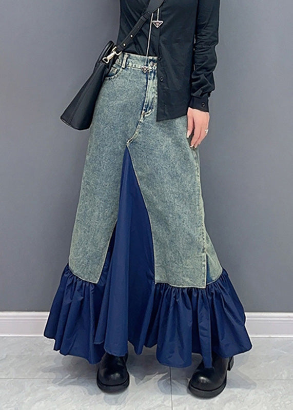 Blue High Waist Patchwork Pocket Skirt