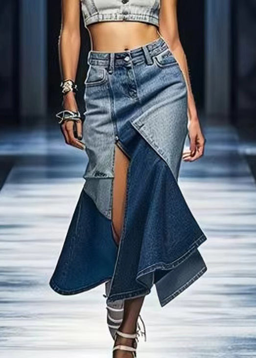 Blue Patchwork Side Open Denim Skirt
