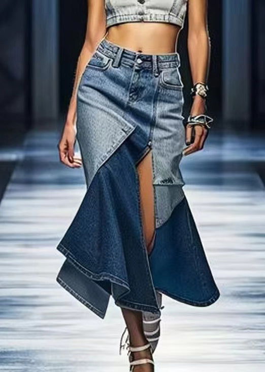 Blue Patchwork Side Open Denim Skirt