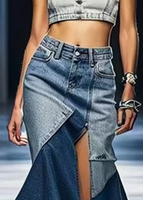 Blue Patchwork Side Open Denim Skirt