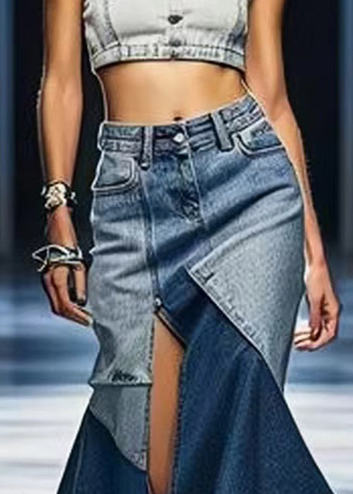 Blue Patchwork Side Open Denim Skirt