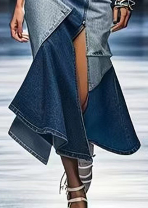 Blue Patchwork Side Open Denim Skirt
