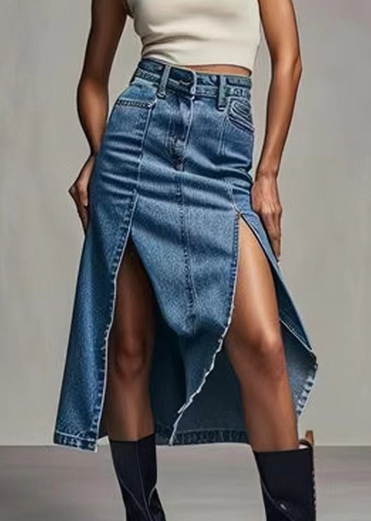 Blue High Waist Zippered Denim Skirt