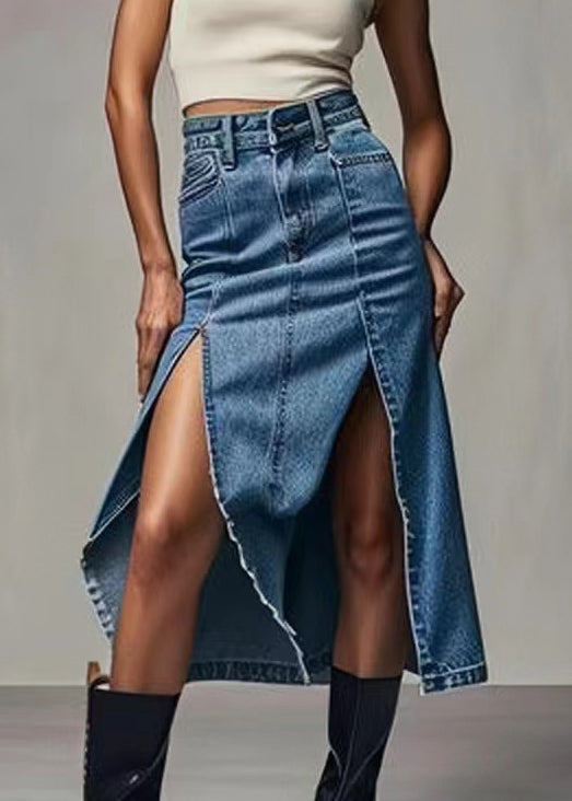 Blue High Waist Zippered Denim Skirt