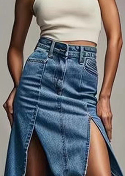 Blue High Waist Zippered Denim Skirt
