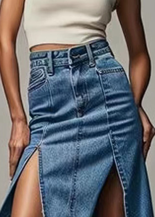 Blue High Waist Zippered Denim Skirt