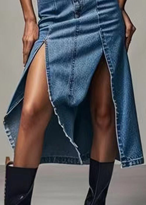 Blue High Waist Zippered Denim Skirt
