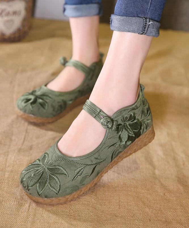 Stylish flat-foot shoes with buckle straps, green embroidered cotton fabric