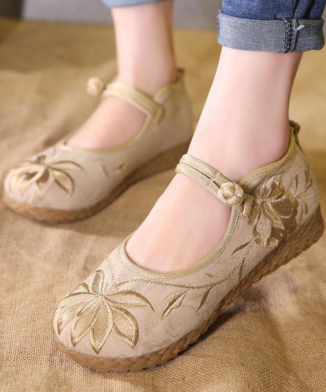 Stylish flat-foot shoes with buckle straps, green embroidered cotton fabric