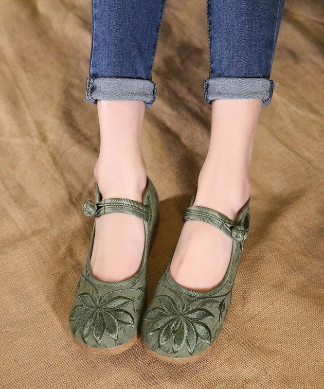 Stylish flat-foot shoes with buckle straps, green embroidered cotton fabric