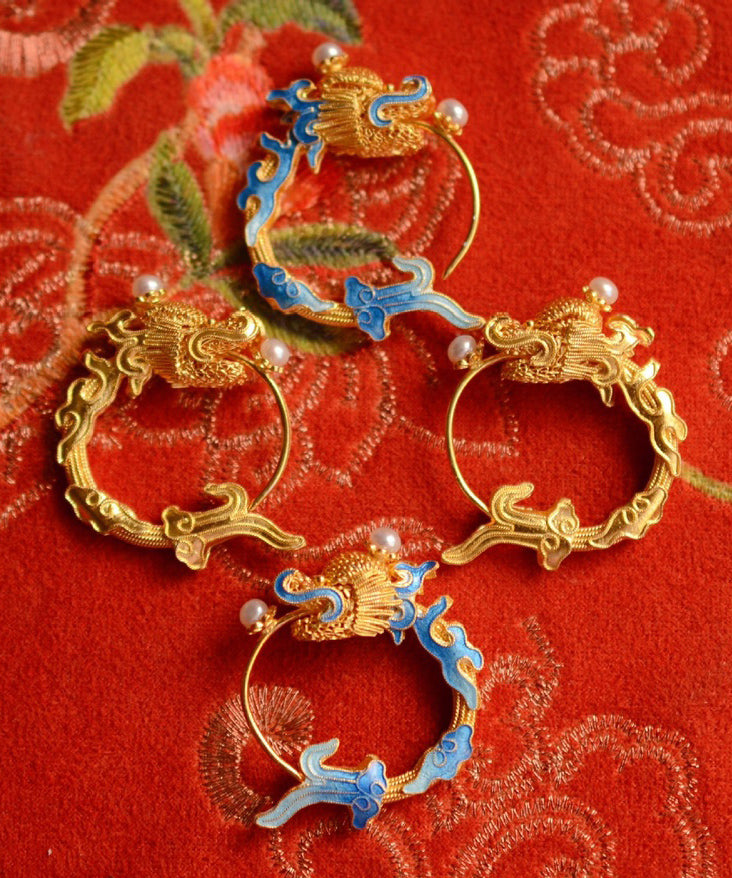Gold Pearl Enamel Dragon Hoop Earrings
