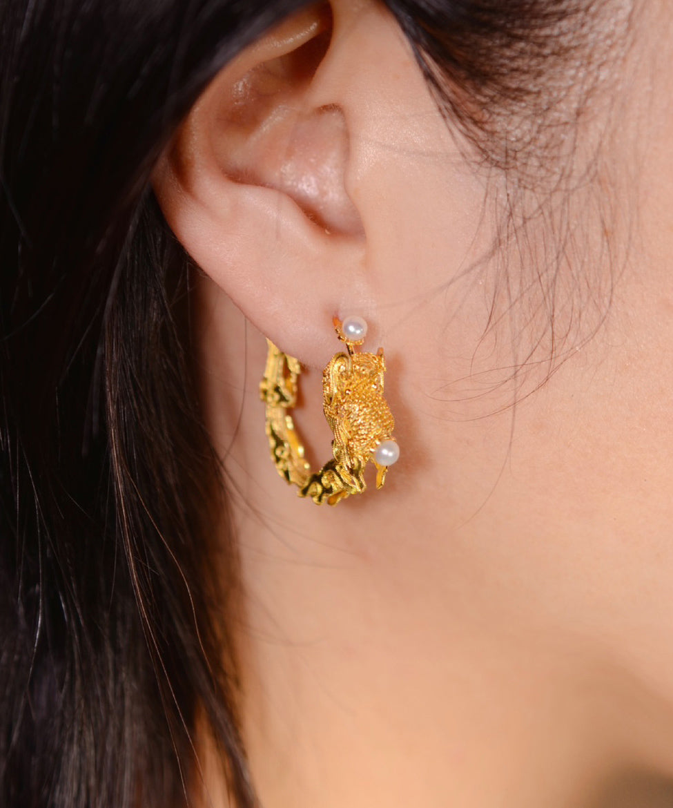 Gold Pearl Enamel Dragon Hoop Earrings