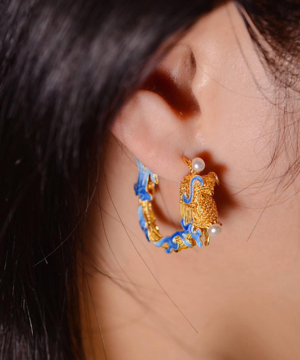 Gold Pearl Enamel Dragon Hoop Earrings