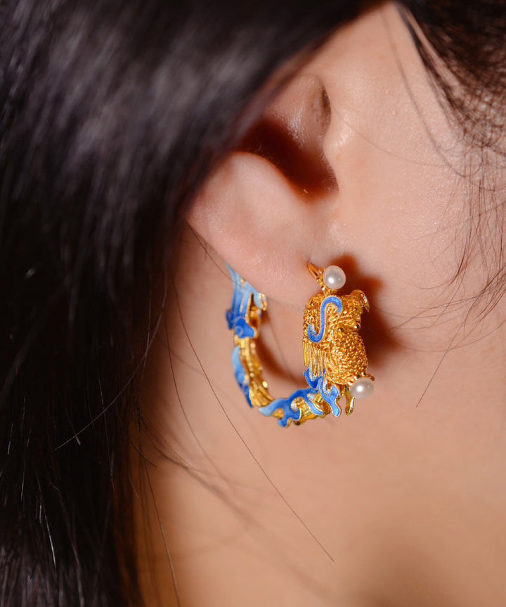 Gold Pearl Enamel Dragon Hoop Earrings