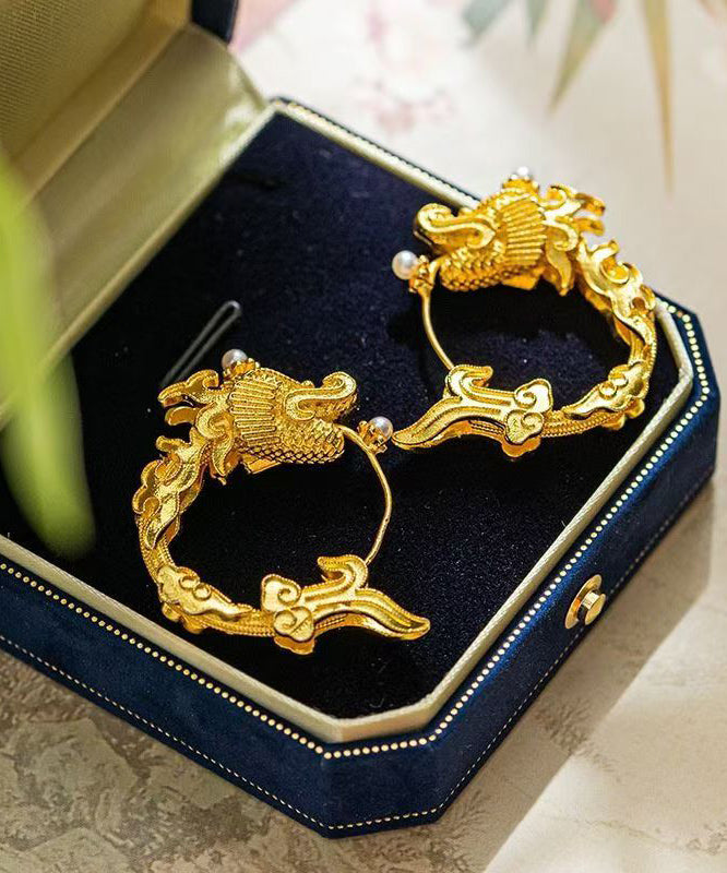 Gold Pearl Enamel Dragon Hoop Earrings