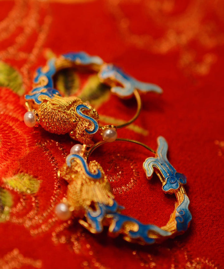 Gold Pearl Enamel Dragon Hoop Earrings
