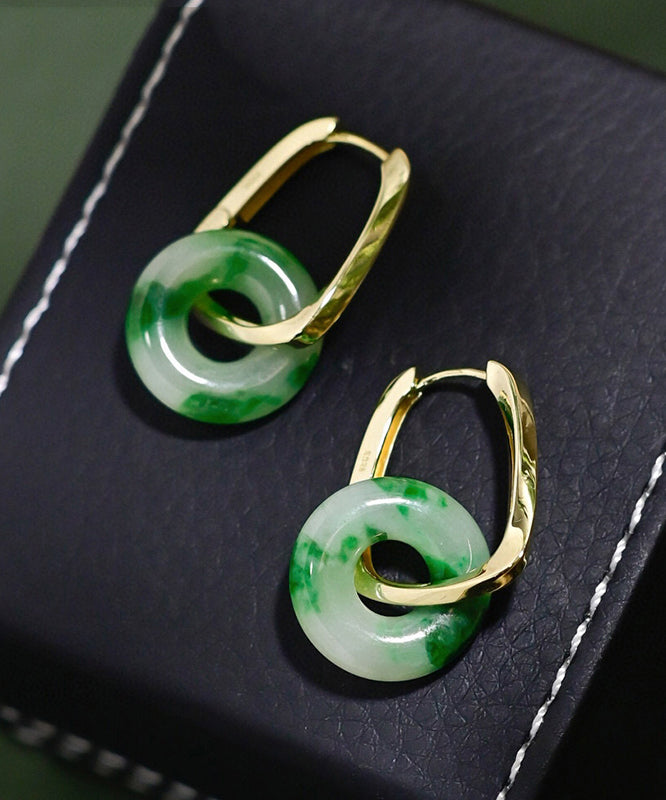 Green Silver Jade Hoop Earrings